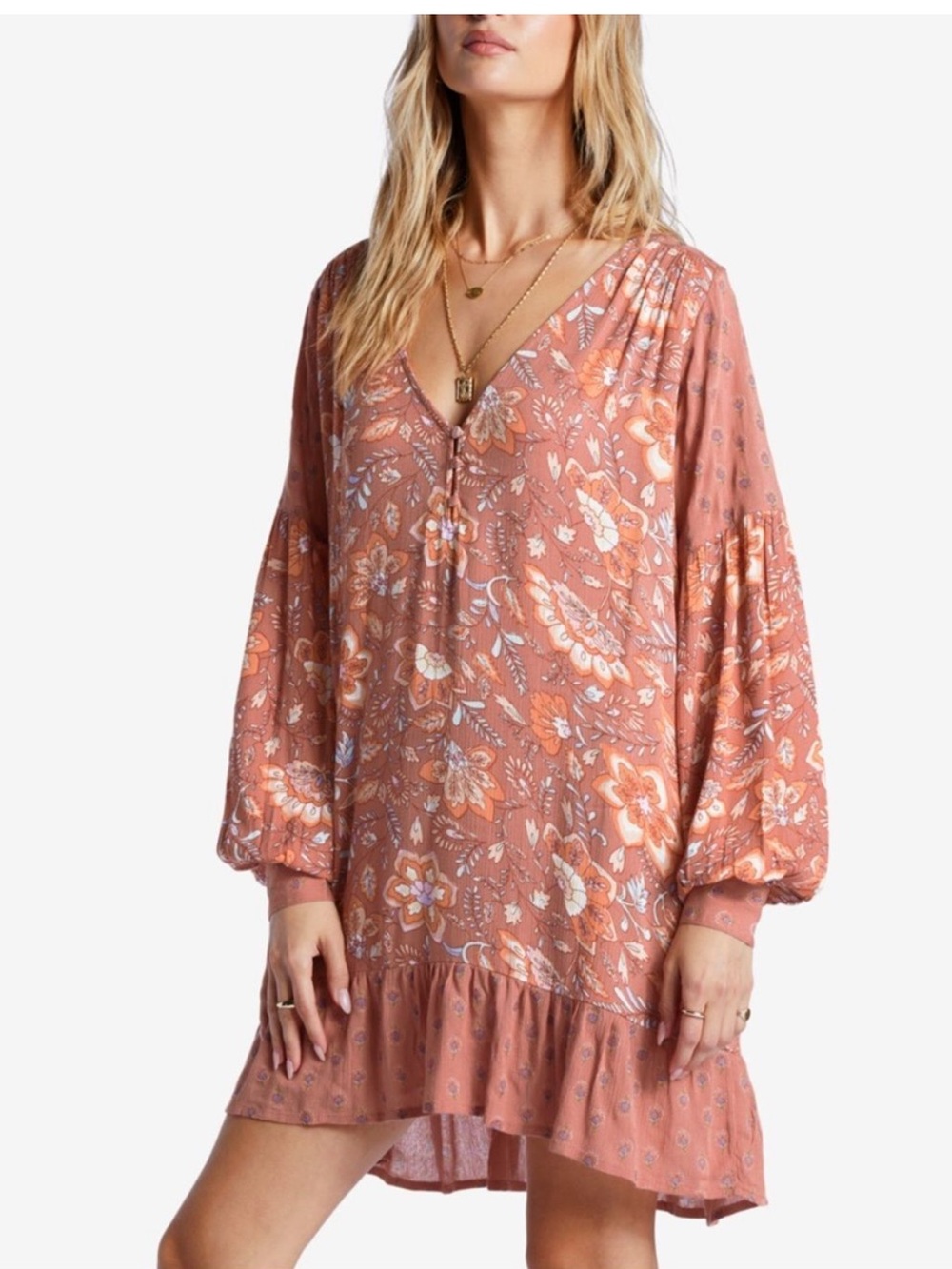 NWT Billa Bong Boho Dusty Rose Floral V-Neck Tunic Dress Ruffles Sz M Paisley